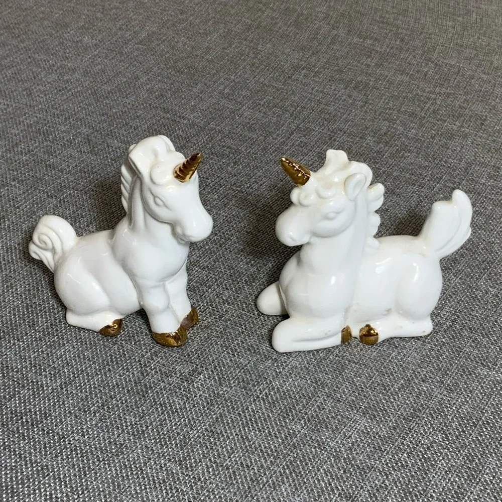 Porcelain unicorn figurine pair – vintage bone china Japan white & gold decor